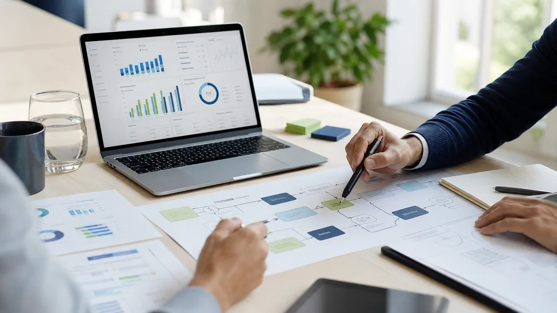 Mesa de trabajo con tablero de indicadores y mapa de procesos operativos
